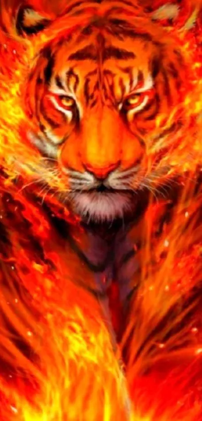 Fiery artwork of a tiger surrounded by orange flames.