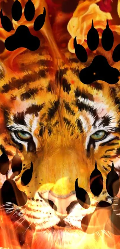 Artistic wallpaper of a tiger surrounded by flames and roses.