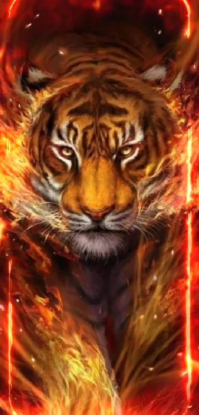 Fiery tiger illustration with dynamic colors for mobile wallpaper.