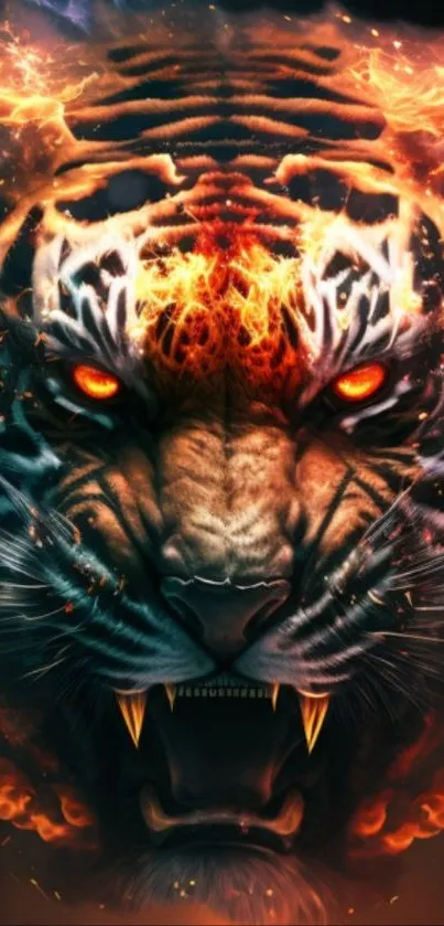 Fiery tiger mobile wallpaper with intense colors.