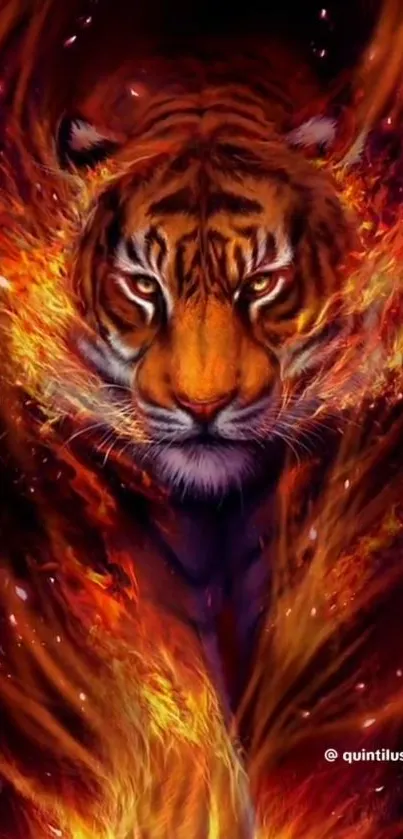 Fiery tiger artwork with vibrant orange flames.