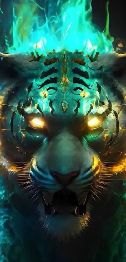 Electrifying tiger with blue and orange flames in vibrant digital artwork.