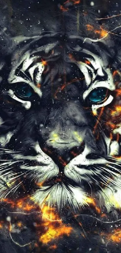 Tiger artwork with fiery accents in dramatic black tones.