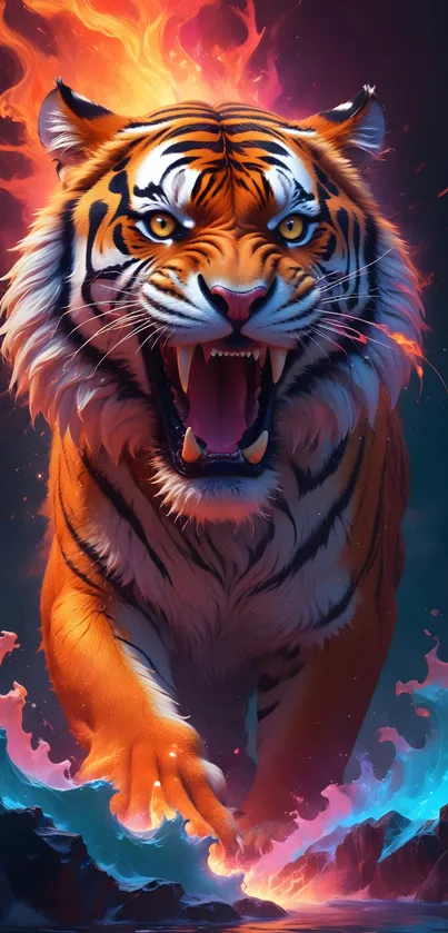 A fierce tiger surrounded by flames and water, depicted in vivid digital art.