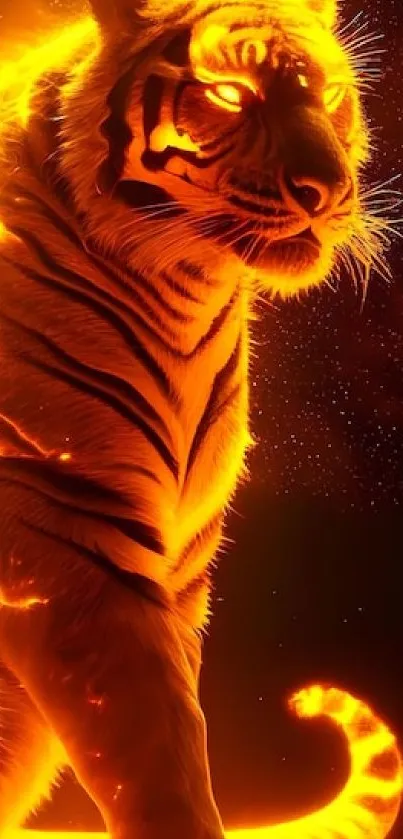 Fiery tiger in digital art wallpaper, glowing bright orange.