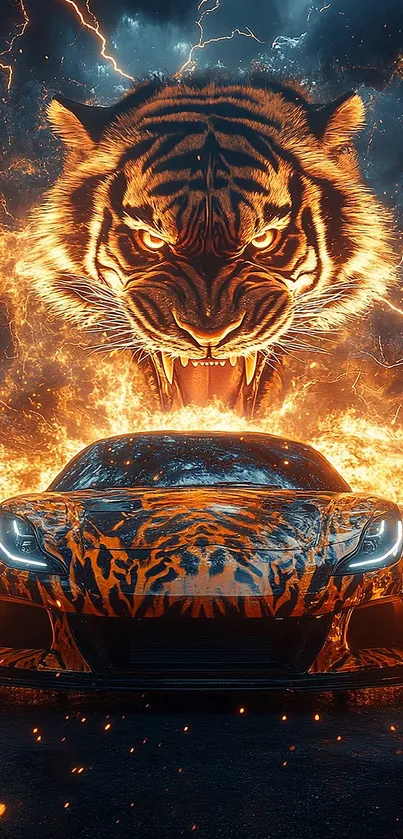 Fiery tiger face over car with flames and lightning.