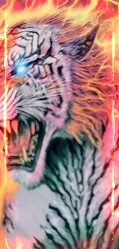 Fierce tiger engulfed in vibrant flames, digital art wallpaper.