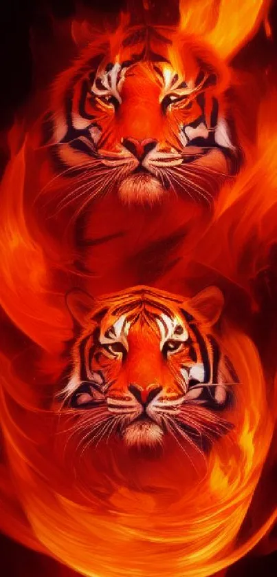 Two tigers in fiery orange flames, creating a stunning dual illusion.