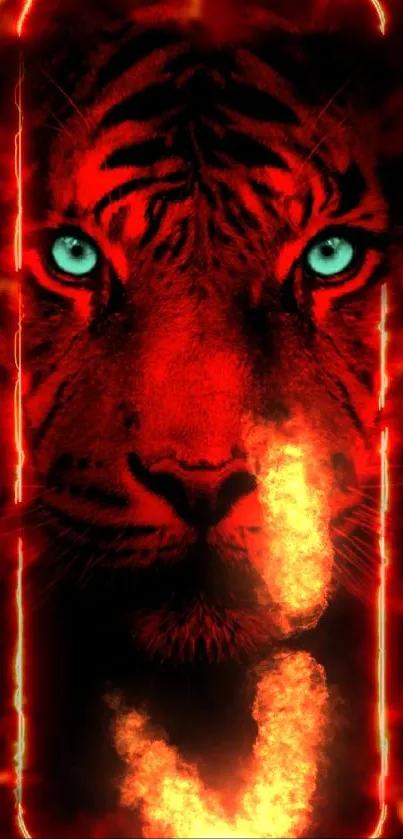 Fiery red tiger face with turquoise eyes on black background.