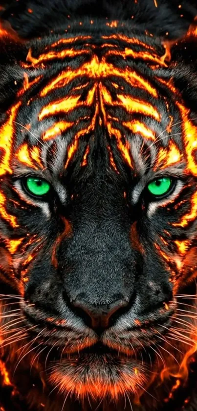 A vivid fiery tiger with glowing green eyes.