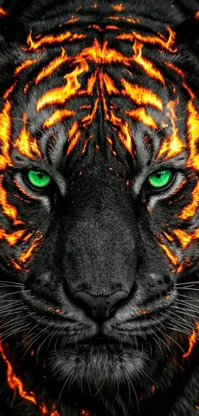 Fiery tiger face with glowing green eyes wallpaper.