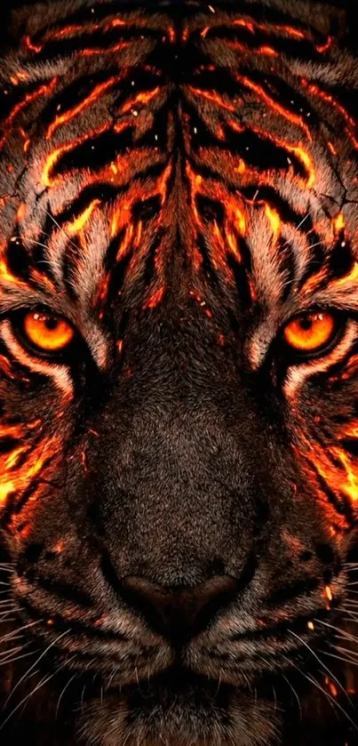 Fiery tiger face with glowing eyes wallpaper.