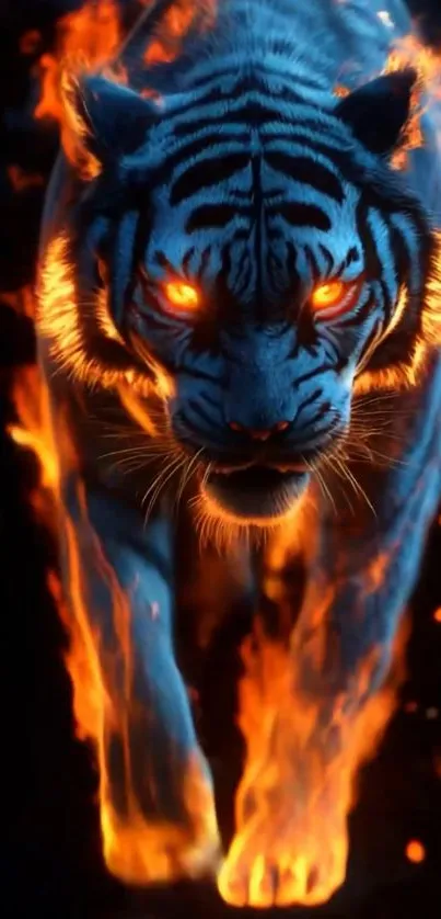 Fiery tiger fantasy art with glowing eyes and flames.