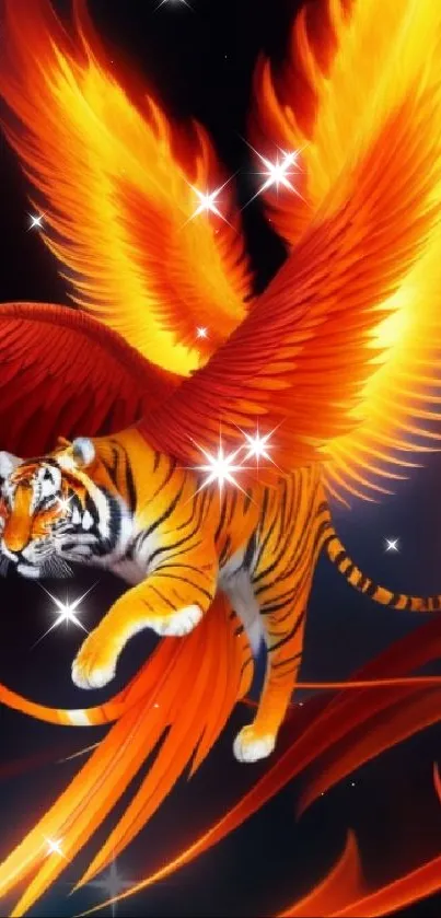 Fantasy art of a tiger with fiery wings, creating a vibrant and mythical sense.