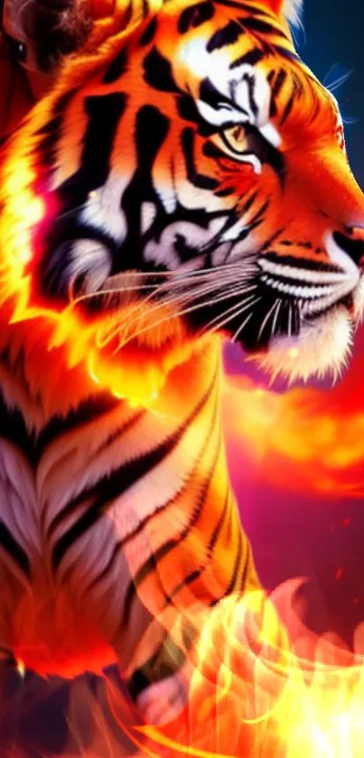 Fiery tiger with flames on a dark background, showcasing vibrant fantasy art.