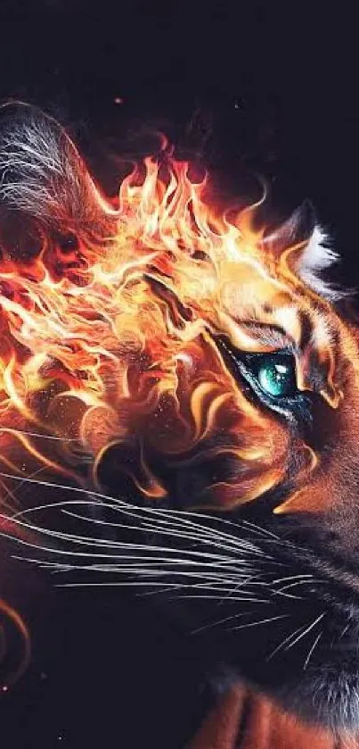 Fiery tiger with vibrant flames and vivid blue eye in digital art style.