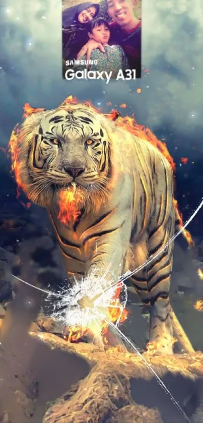 Fiery tiger amidst mystical landscape in this striking mobile wallpaper.