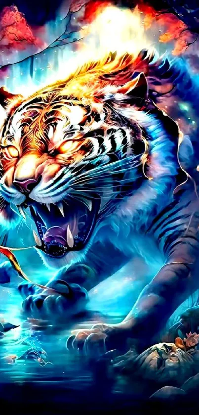 Fantasy tiger with fiery mane in a mystical blue forest wallpaper.