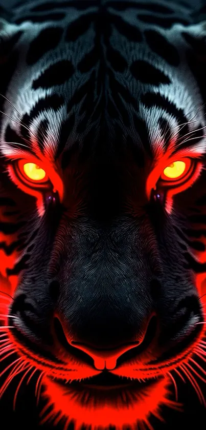 Fiery-eyed tiger face glowing red in dramatic digital art.