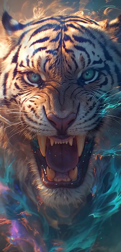 Fiery tiger roaring with abstract flames.