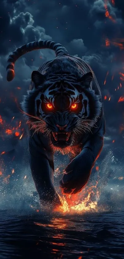 Tiger with fiery eyes in dark waters