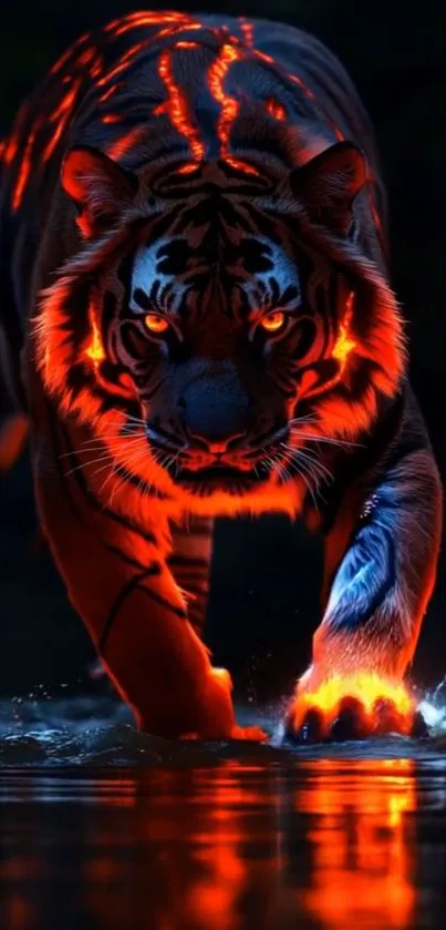 Fiery tiger walking in dark wilderness with glowing accents.