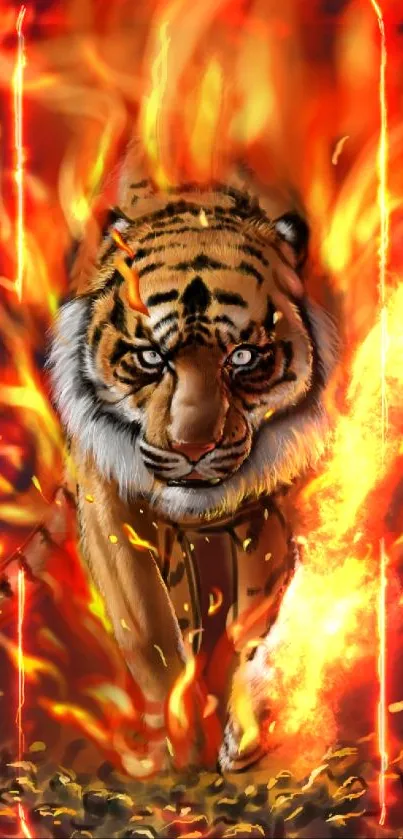 Fierce tiger walking through vivid orange flames in dynamic artwork.