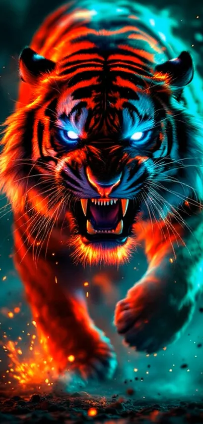 Neon tiger with fiery glow in dynamic wallpaper.