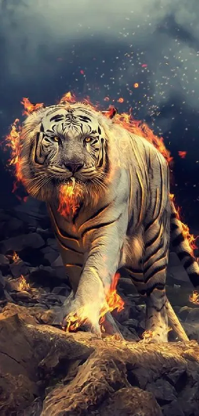 A majestic white tiger engulfed in flames on rocky terrain.