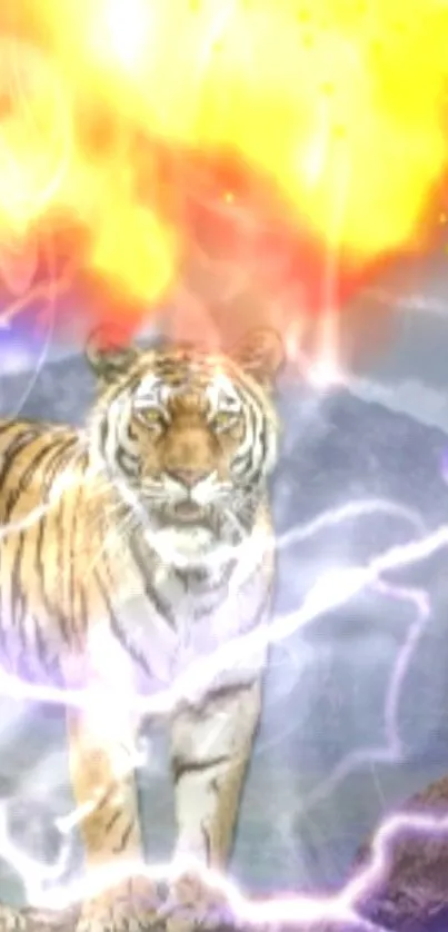 Majestic tiger with fiery sky and lightning background.