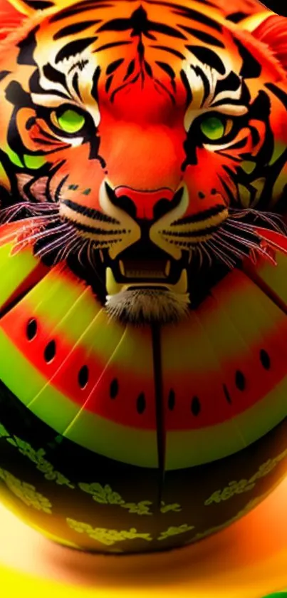 Fiery tiger face merging with watermelon design.