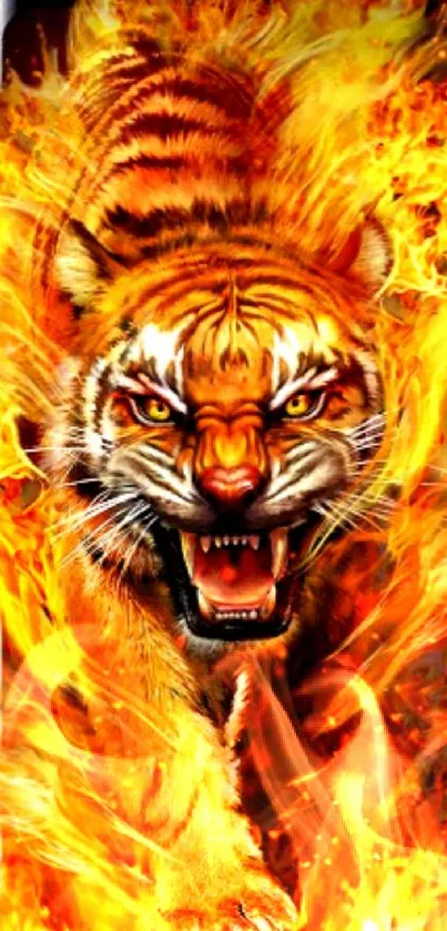 Fiery tiger roaring with flames surrounding it on a mobile wallpaper.