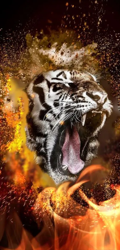 Roaring tiger in fiery flames wallpaper.