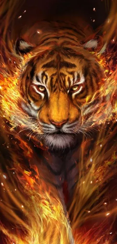 Fiery tiger surrounded by flames in dynamic mobile wallpaper design.