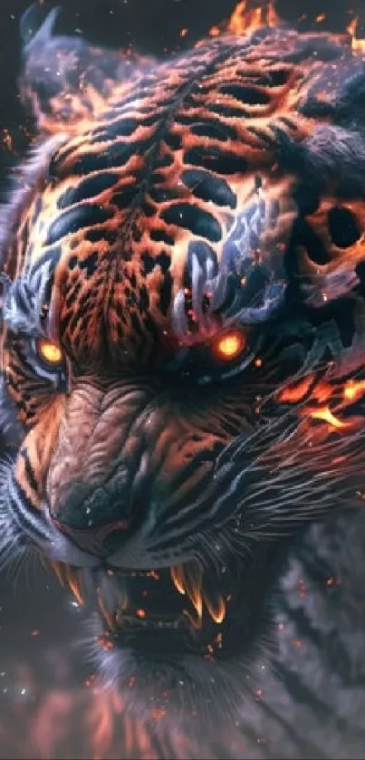 Fiery tiger with glowing eyes in a dark setting on a mobile wallpaper.