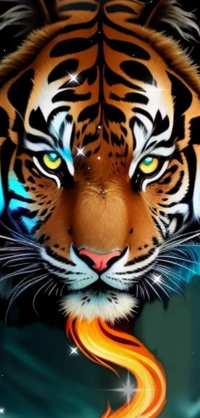 Fierce tiger with fiery eyes and vibrant fur in a dynamic mobile wallpaper.