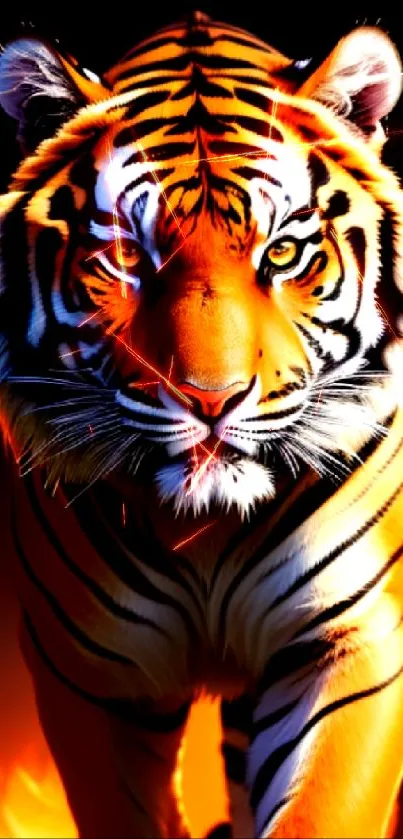 Fiery tiger facing forward with bright orange and black stripes.