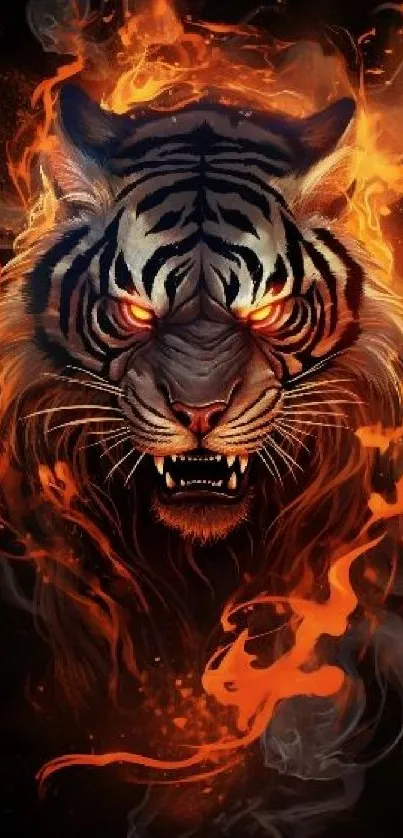 Fiery tiger face with flames as mobile wallpaper design.