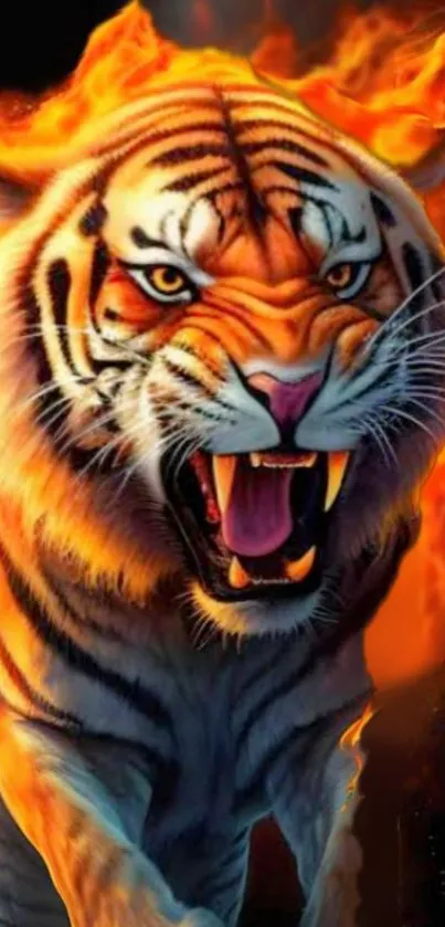 Fiery tiger in dynamic, flame-wreathed mobile wallpaper.