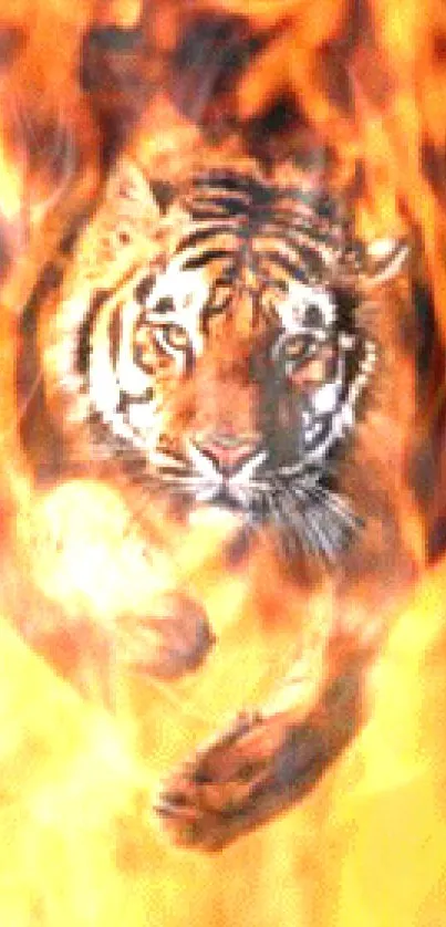 Tiger jumping through vivid flames in a dynamic mobile wallpaper.