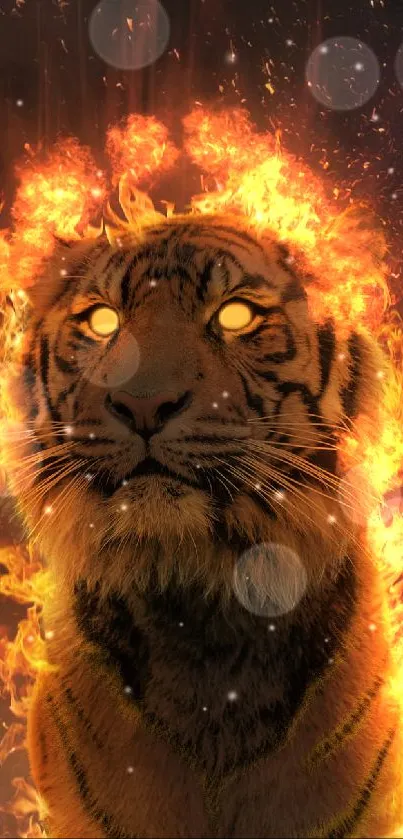 Fiery tiger with glowing eyes on mobile wallpaper.