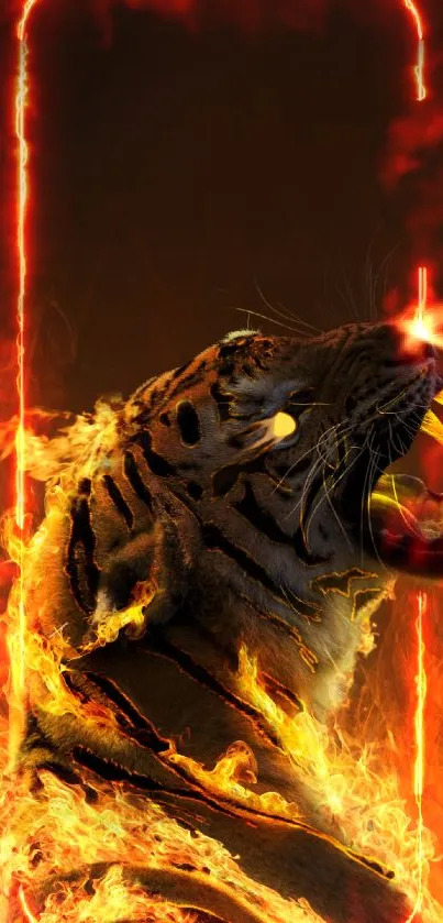 Roaring tiger engulfed in flames on a dark background.