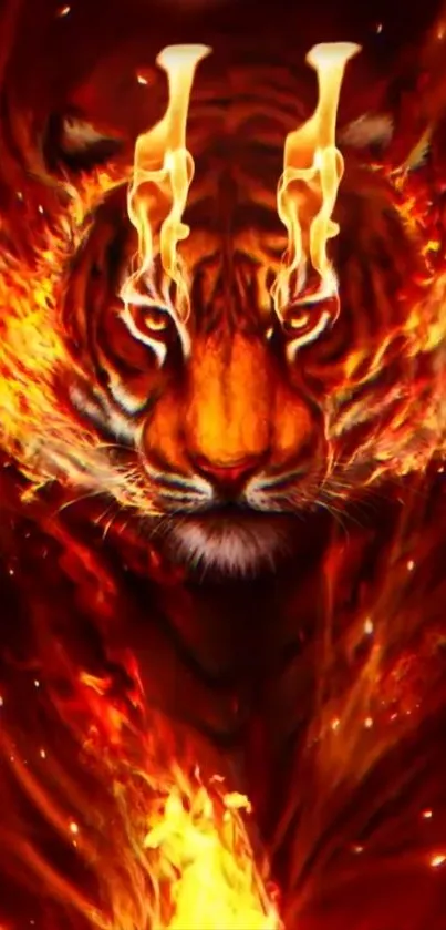 Fiery tiger head surrounded by flames on a dynamic mobile wallpaper.