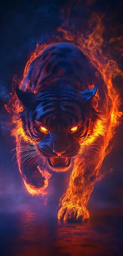 Fiery tiger with glowing eyes in digital art wallpaper.