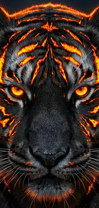 Fiery tiger with glowing orange stripes on a dark background.