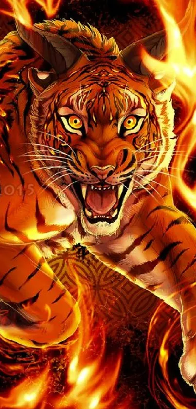 Fiery tiger leaping through flames in vibrant orange hue.