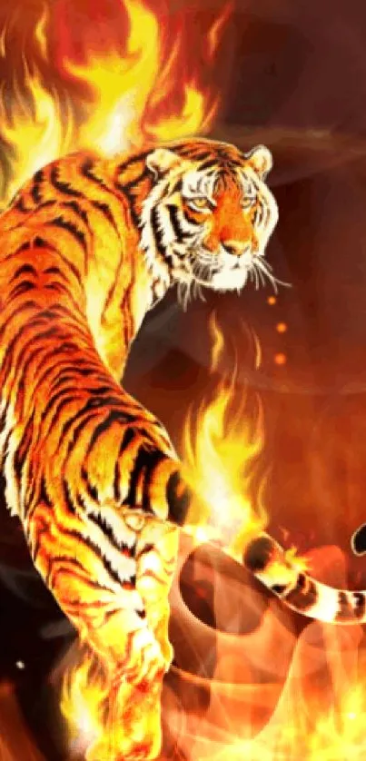 Flaming tiger on vibrant orange background.