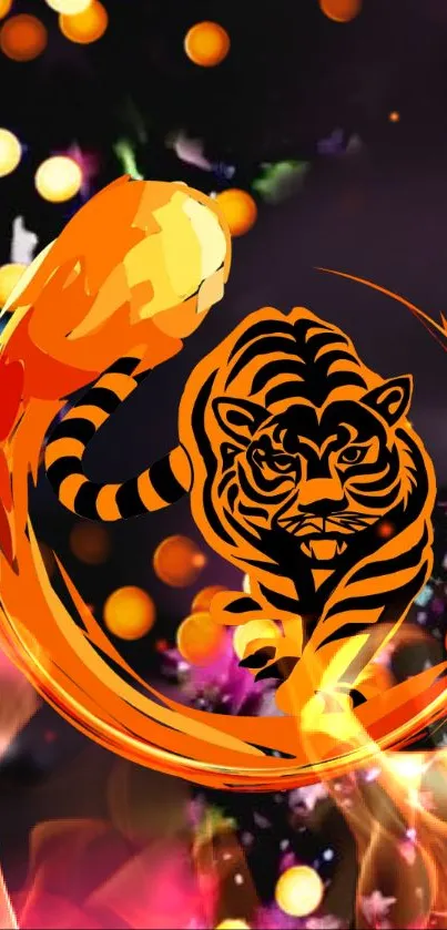 Fiery tiger with glowing orange swirls on a dynamic night background.