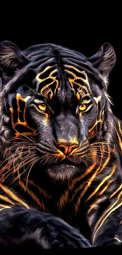 Majestic black tiger with fiery highlights on a dark background.