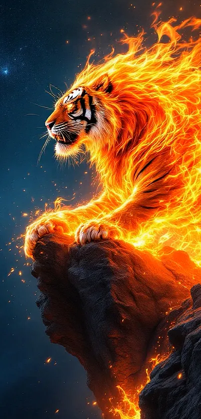 A fiery tiger atop a rocky peak in vibrant orange hues.